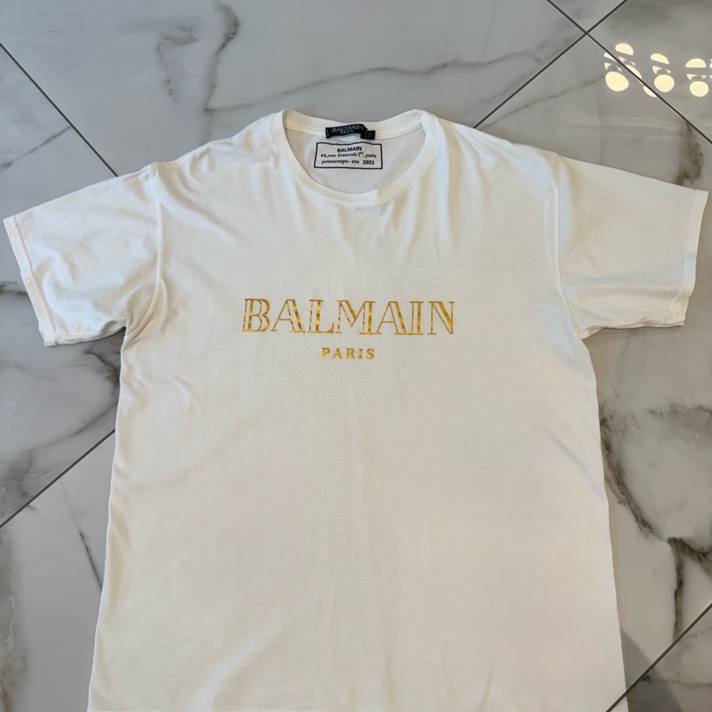 Balmain Cream Tee with Gold Lettering